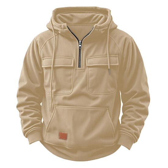 Men Hoodie Zipper Half Placket Hooded Drawstring Long Sleeve Sport Tops with Pockets Solid Color Multi-Pocket Design Warm Sweatshirt