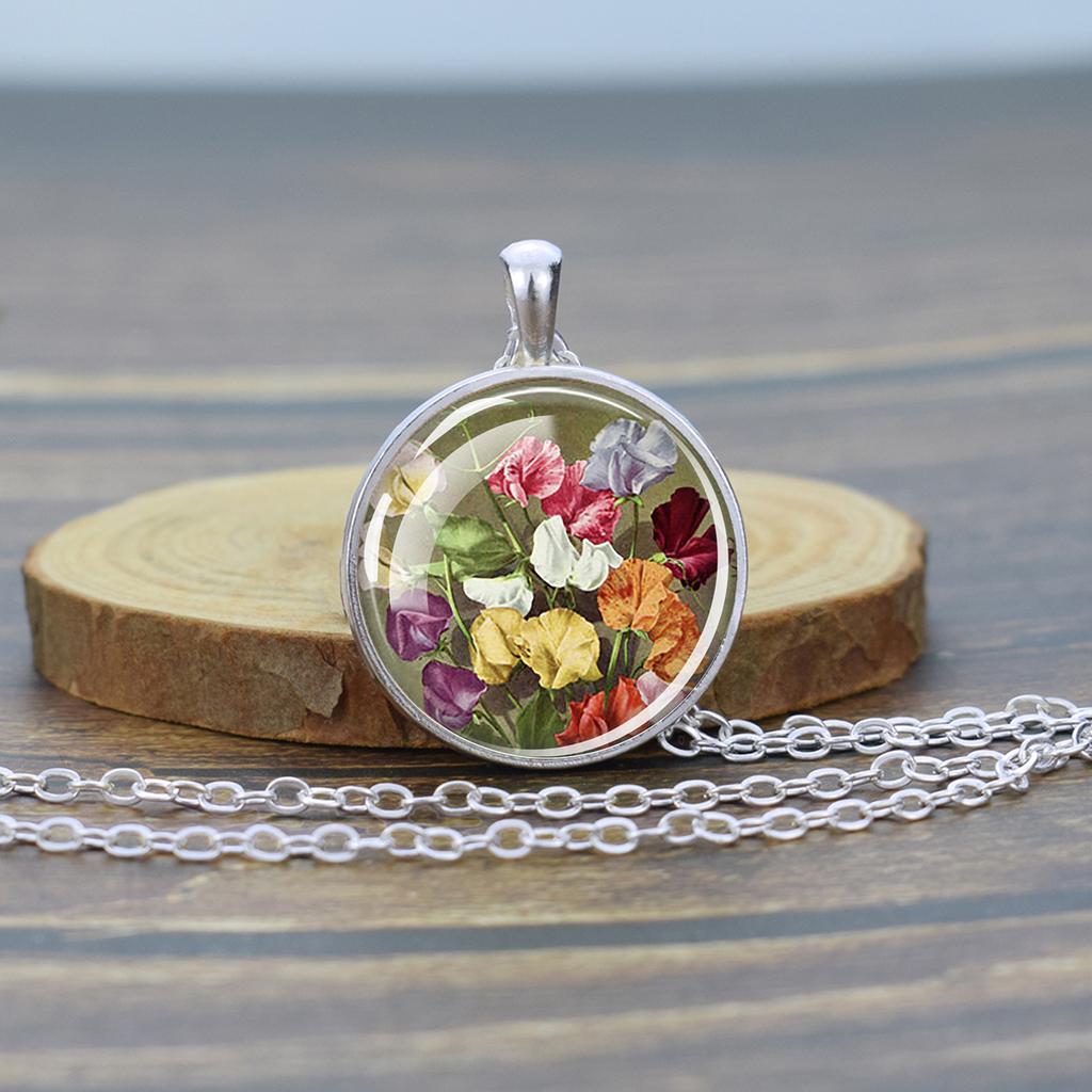 Flower Necklaces Rose Lotus Poppy Cherry Blossoms Sunflower Chains Necklace for Women Glass Cabochon Pendant Jewelry Lover Gift