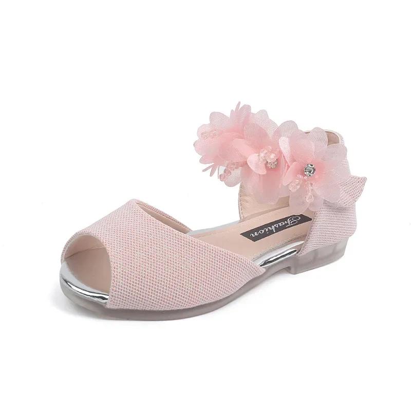 Summer New Style Children's Sandals Girls Fashion Rhinestone Flower Princess Shoes Little Girls Soft Soled Dance Shoes Girls