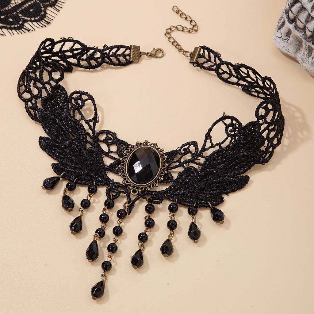 Лолита Роуз Кружевная Ключичная Цепочка: Ожерелье-чокер в стиле ретро с черными кристаллами