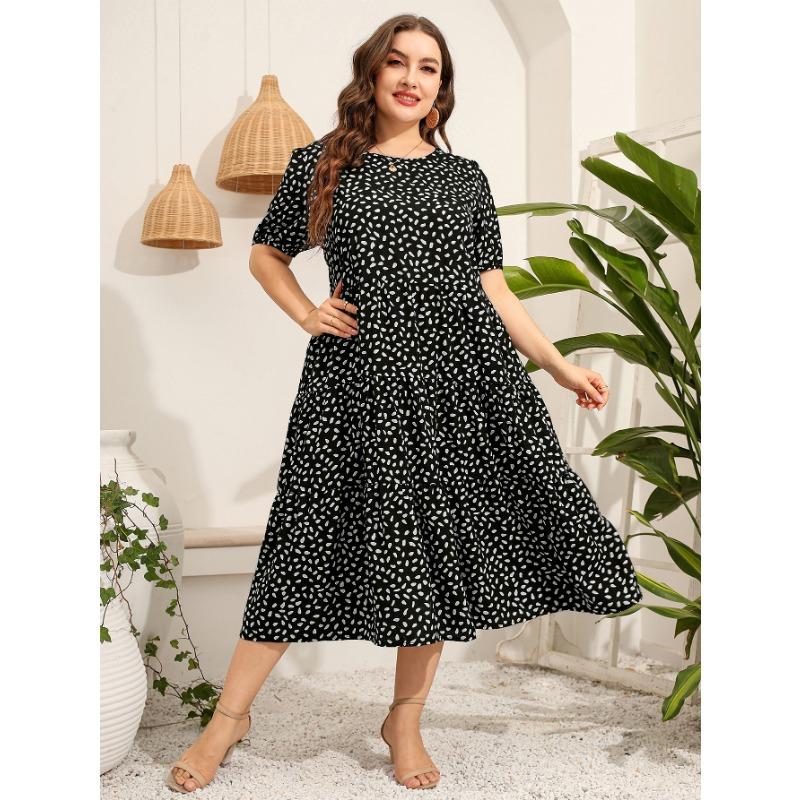 Летнее женское платье размера плюс, нерегулярное платье в горошек с коротким рукавом, свободные длинные платья с круглым вырезом и большим подолом