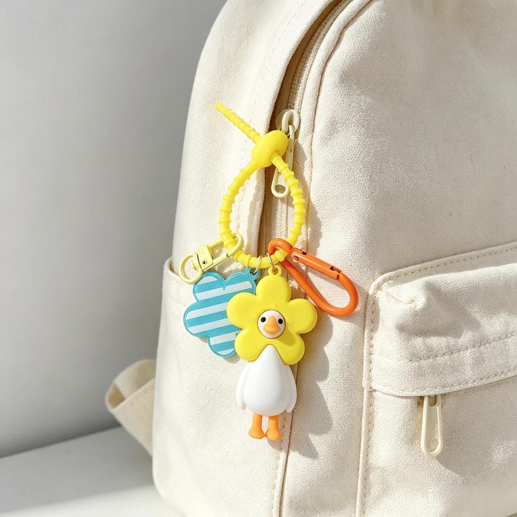 Cute White Duck With Flower Head Keychain PVC Cartoon Bag Pendant Aesthetic Key Ring Decor Backpack Accessories For Teen Girls