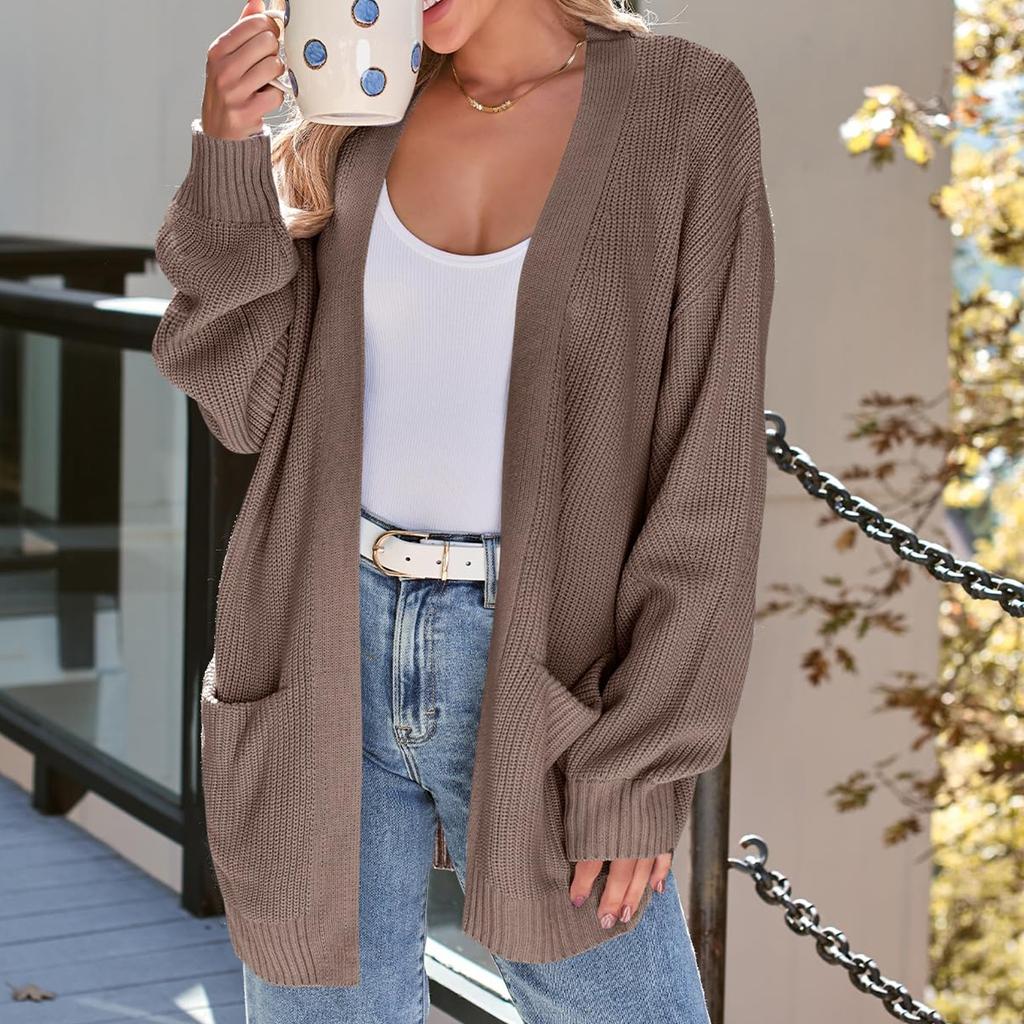 Женский кардиган, вязаный свитер, открытый спереди, повседневный, с длинным рукавом, легкие кардиганы с карманами