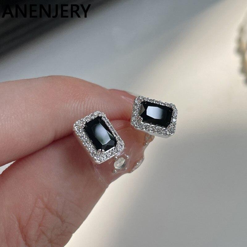 ANENJERY Квадратные серьги-гвоздики с черным цирконием для женщин, маленькие изысканные уникальные блестящие повседневные украшения