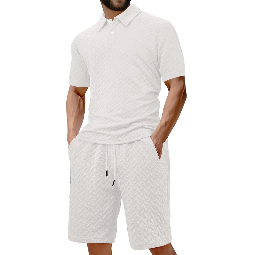 Мужская летняя однотонная рубашка с коротким рукавом и лацканами на пуговицах, комплект из шорт
