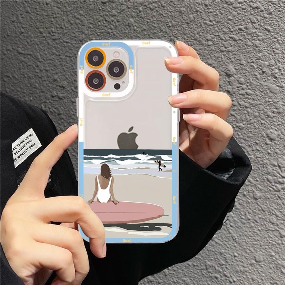 Чехол для телефона 'Девушка на серфе на пляже' Для iPhone 15 11 12 13 14 Mini Pro Max XR X XS TPU Прозрачный чехол