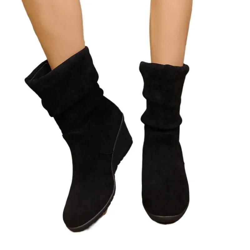 Sewing Round Toe Modern Boots Slip On Wedges Ladies Shoes 2024 Plus Size Mid-Calf Retro Winter Mixed Colors Women's Boots