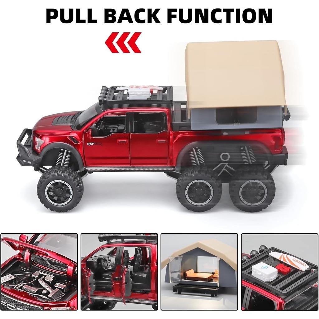 1/24 Ford F150 Raptor Diecast Trucks,  F150 Pickup Truck with Sightseeing Cabin, Pull Back Truck Toys with Light and Sound for Kids Ages 4-8