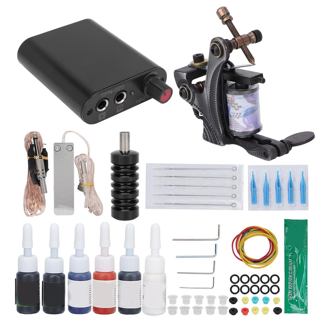 Professional Tattoo Machine Kit 10 Wraps Tattoo Coil Machine Complete Tattoo Power Supply Kit