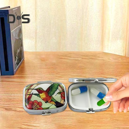 Pill Box with Hinged Lid 2 Compartments Tablet Holder Portable Jewelry Case with Mirror for Purse Pocket Travel Use