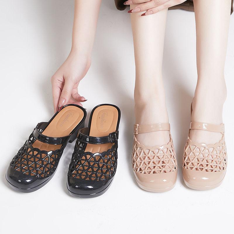 New Hollowed Out Baotou Slippers for Fashionable Outerwear Non Slip Lightweight Square Heel Versatile Cool Slippers for Women In Summer