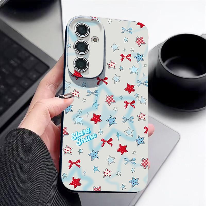 Чехол со звездочками и бантами для Samsung Galaxy A57 A37 A17 A56 A36 A26 A16 A55 A35 A15 A54 A34 A14 5G Силиконовый чехол с текстурой кожи