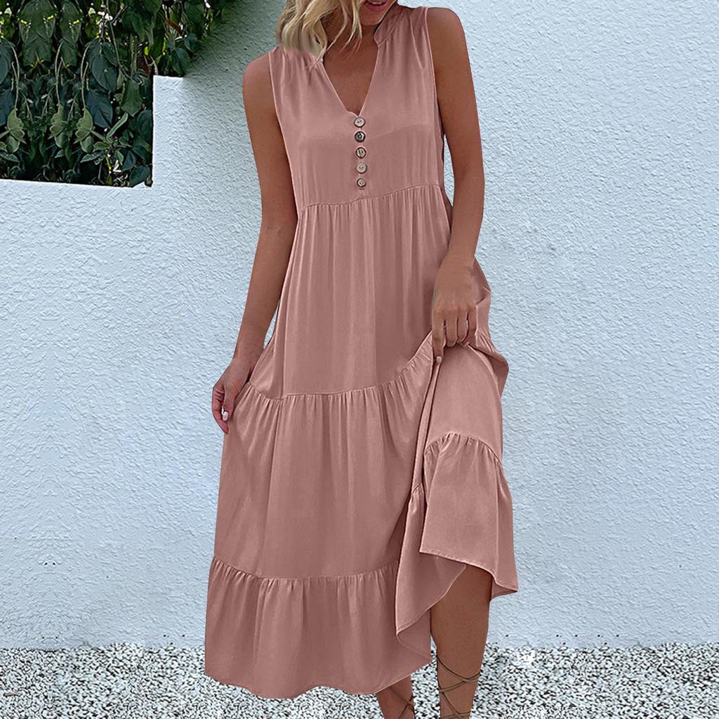 Women's Fashion Sleeveless Pleated Loose V-Neck Mid-Length Solid Colour Dresses