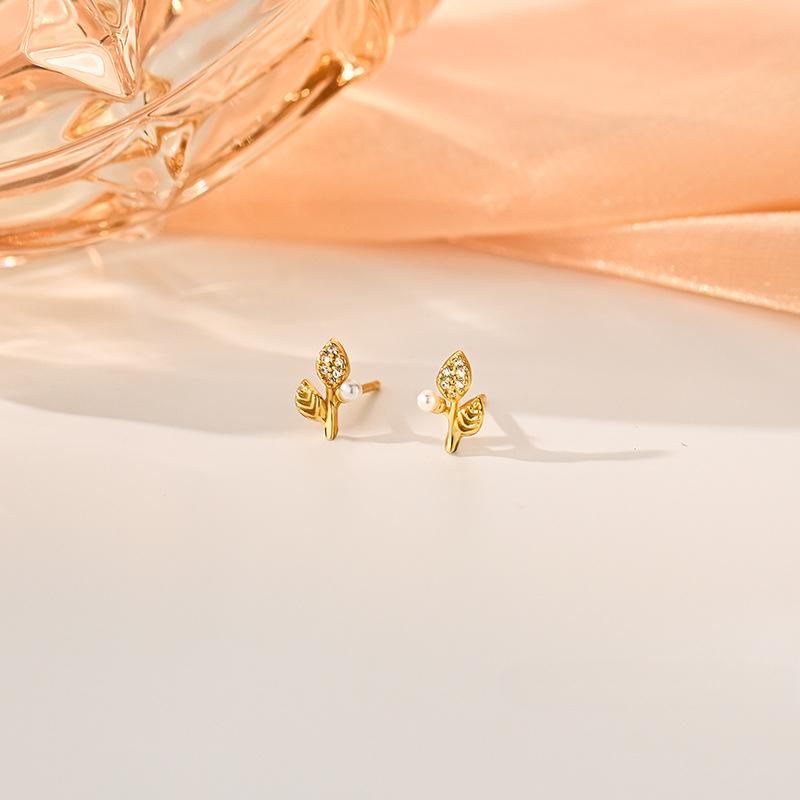 Серьги с жемчугом в виде листьев Миниатюрные маленькие листья Изысканный и компактный Темперамент Инкрустированные бриллиантами Роскошь Высокого класса
