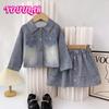 Весна и осень синяя джинсовая куртка с лацканами и длинными рукавами для девочек, плиссированная юбка, модный комплект из 2 предметов