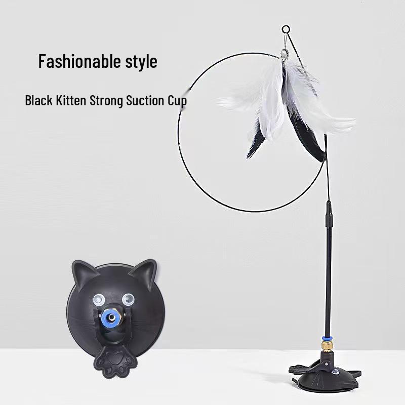 Cat Wand Teaser with Strong Suction Cup, Colorful Feathers, Steel Wire, Long Rod, Durable Design, and Bell for Self-Play