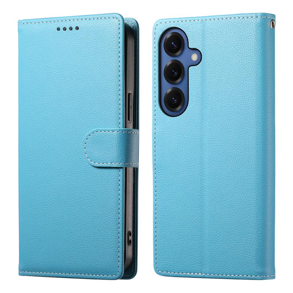 For Samsung Galaxy S26+ Case Magnetic Snap Litchi Texture Leather Wallet Phone Cover with Wrist Strap