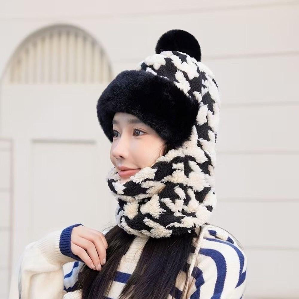 Houndstooth Pattern Plush Ski Mask Scarf Hat Breathable Neck Cover Face Cap  Camping