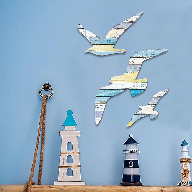 3-Piece Set Wooden Seagull Wall Decorations Nautical Coast Theme Retro Beach Marine Bird Living Room Bedroom Decoration