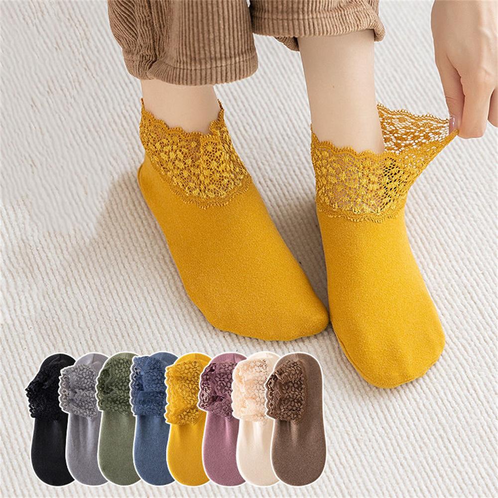 Autumn Winter Hollow Lace Short Floor Socks Silicone Anti Slip Warm Velvet Loose Mouth Socks Low Tube Thicken Meia