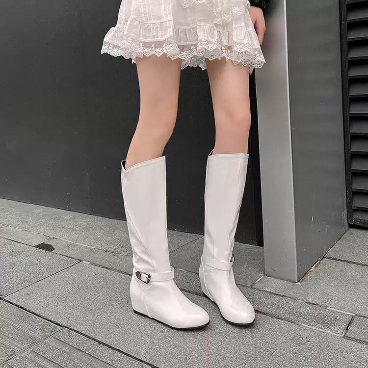 Women's Knee High Boots Winter Shoes Black White Pink Wedge Heeled Long Boot Ladies Height Increasing Party Shoes