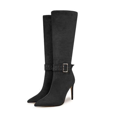 Осенне-зимняя обувь из флока на очень тонком каблуке с металлической пряжкой, современные сапоги, сохраняющие тепло, модные сапоги до колена