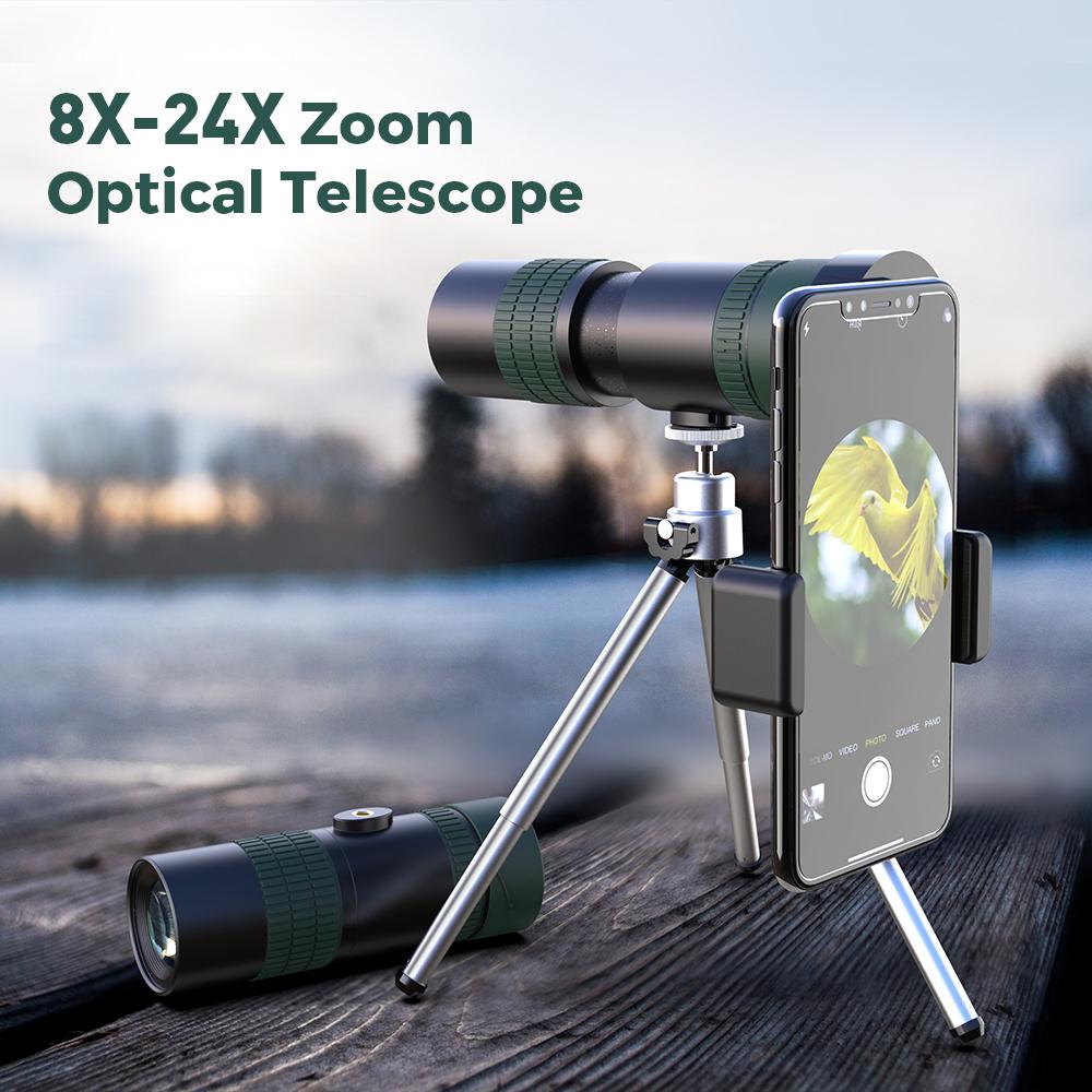 APEXEL Portable Monocular Telescope 8X24X Zoom BAK4 Prism FMC Lens with Smartphone Holder & Tripod
