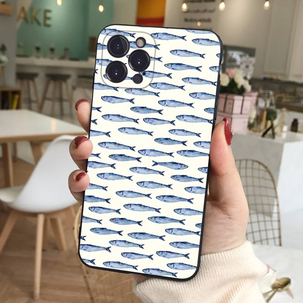 Силиконовый чехол для телефона с сардинами для iPhone 11 12 13 14 15 16 17 Pro Max Черный чехол