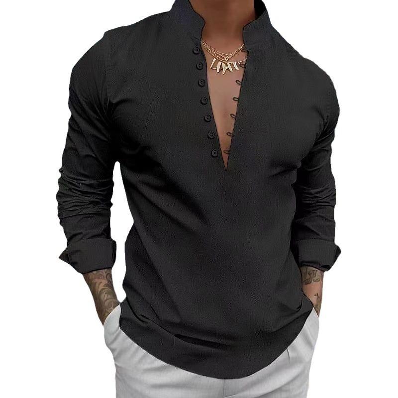 2024 Men's Retro Cotton & Linen Stand Collar Long Sleeve Shirt
