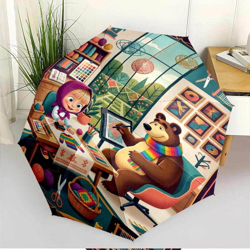 Masha and the Bear Print Automatic Open Close Umbrella, Portable Foldable Umbrella, for Outdoor Commute Camping Trip, Ideal Birthday Gift