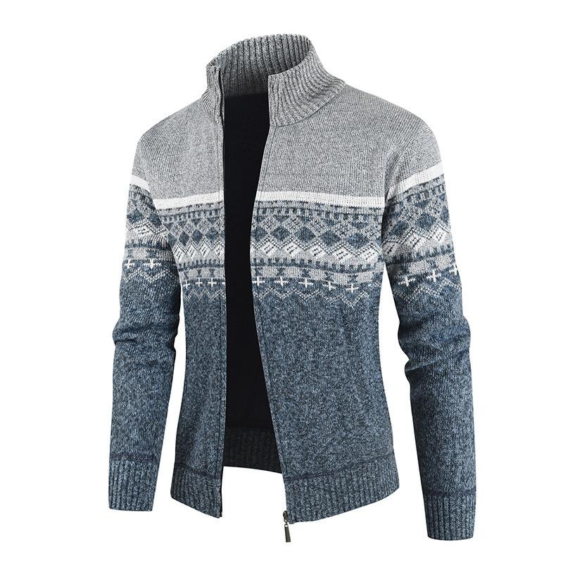 Autumn and Winter New Sweater Men's Stand-up Collar Color Matching Knitted Cardigan Casual Men's Sweater