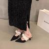 French Style Small Fragrant Style Pointed Toe Thin Heel Half Bun Bow Summer Fashionable High Heels