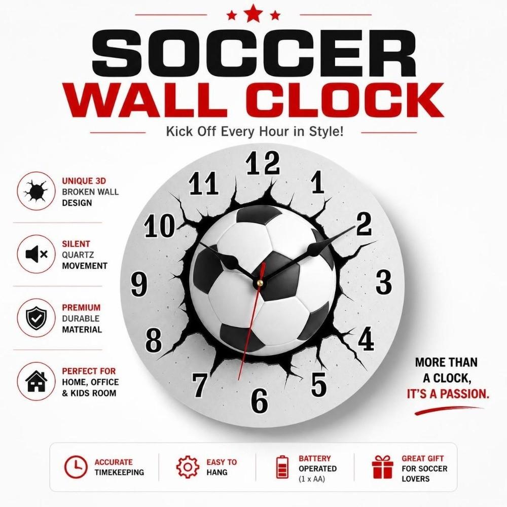 30cm Round Wall Clock Silent Soccer Quartz Clock Modern Football-Themed Wooden Clock  Home Office