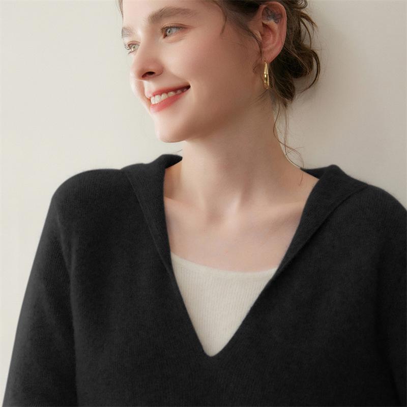 Autumn Winter Cashmere Color Block Hooded Sweater - Women's Two-Piece Style