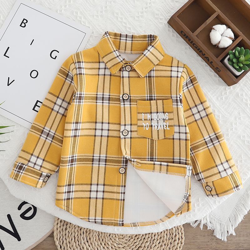 Рубашка из плюша для мальчиков, хлопковая шерсть, теплая рубашка для детей на осень и зиму, клетчатая рубашка, корейская куртка для малышей