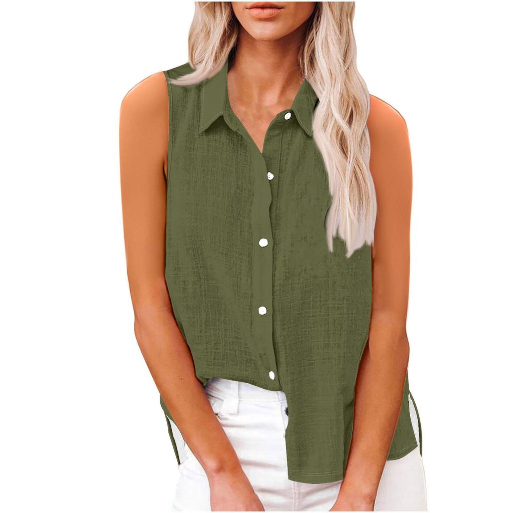 Women's Fashion Casual Solid Colour Sleeveless Cardigan Button Down Shirt T-Shirt Top