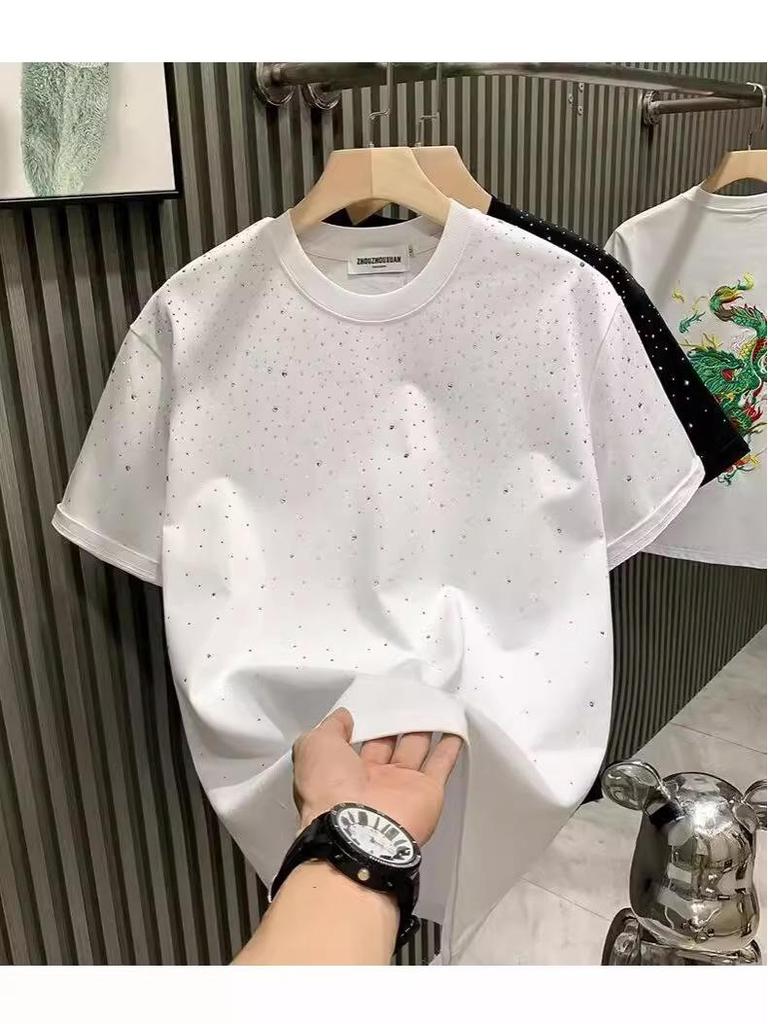 Men's Stylish Round Neck Rhinestone T-Shirt with Short Sleeves