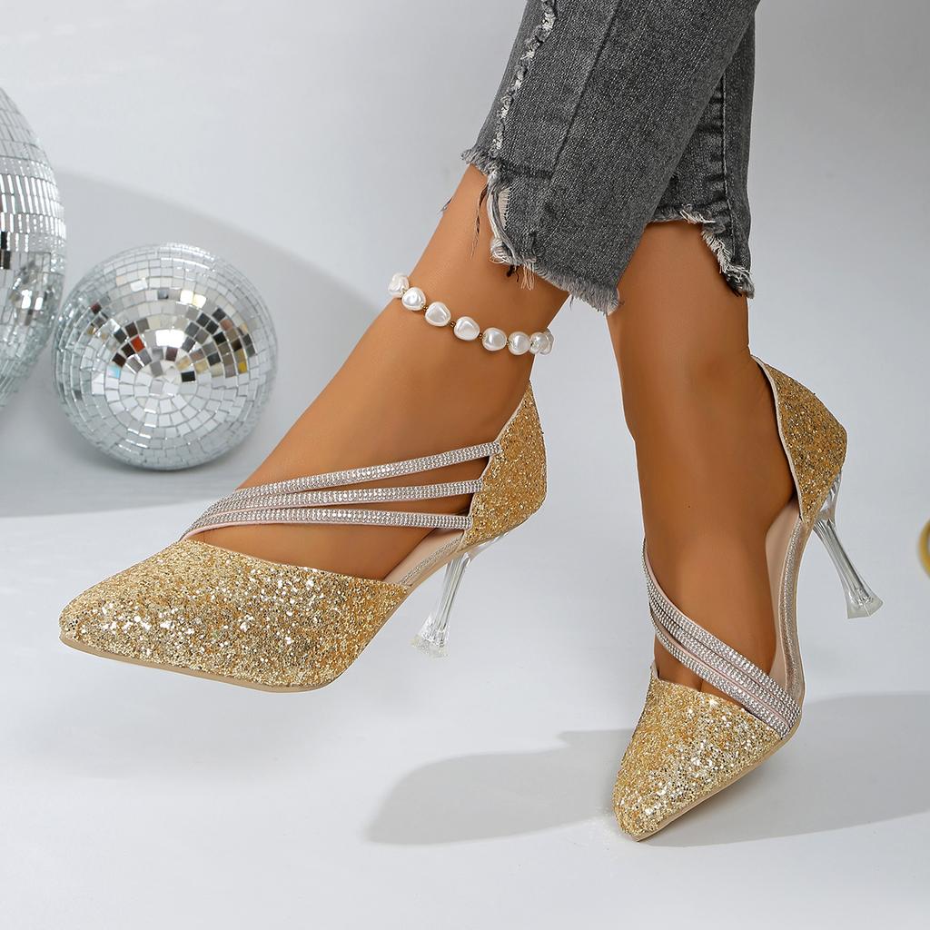 Модные женские сандалии Сверкающие хрустальные свадебные туфли Простые элегантные женские туфли для платья Женские сексуальные туфли на высоком каблуке с острым носком Женские