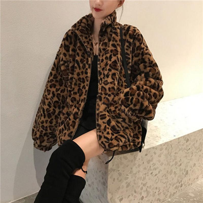 Autumn Winter Slimming Mid Length Jacket Top Leopard Print Jacket Women's Stand Collar Warm Parkas Outwear Female Loose Faux Fur Coats
