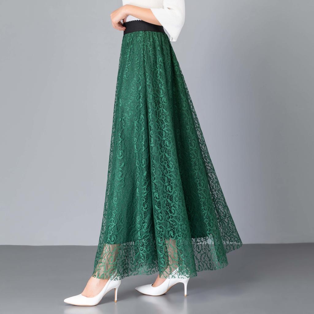 Женская весенняя элегантная кружевная эластичная полуюбка с высокой талией, темпераментная универсальная однотонная длинная юбка трапециевидной формы с большим подолом