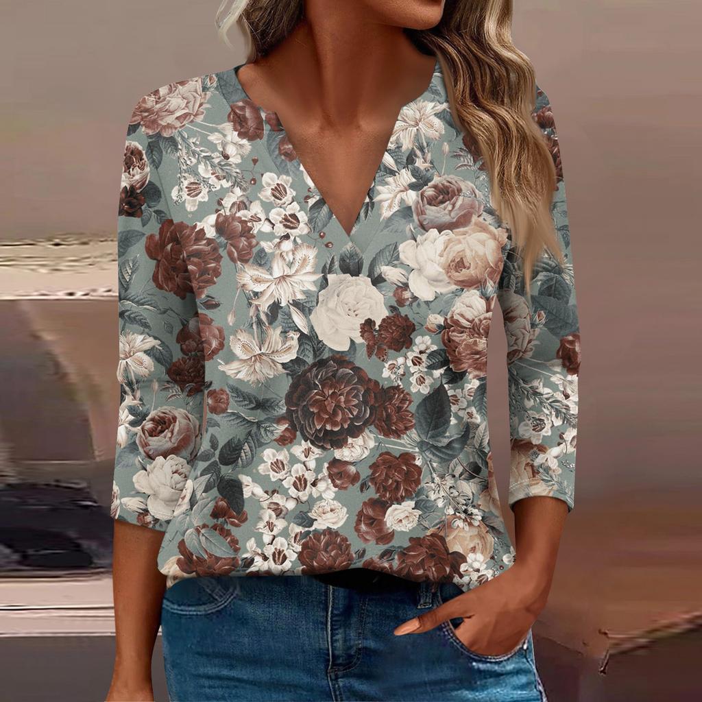 Women's T Shirt Tee Print Button  3/4 Sleeve Daily Weekend Fashion Basic V- Neck Regular Top