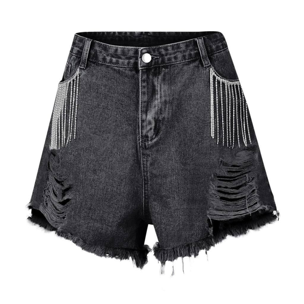 Женские джинсовые шорты с потертостями и бахромой со стразами, джинсовые шорты средней длины с потертым краем, летние короткие джинсы