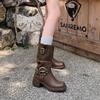 Модные ботинки до середины икры с квадратным носком, женские коричневые полусапоги для женщин, кожаные, новинка в обуви, готические, гяру, по акции, дизайнерские, роскошные