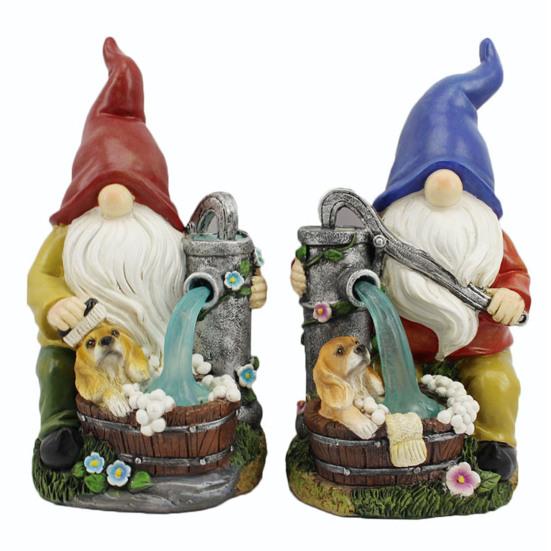 Solar Pumping Gnome Figurine with Light Washing Dog Dwarf Elf Resin Statue Sculpture Outdoor Garden Porch Yard Lawn Decoration Ornament