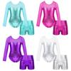 Kids Girls Metallic Long Sleeve Sparkly Athletic Dance Leotard with Shorts Outfits Ballet Unitard Biketards Dancewear