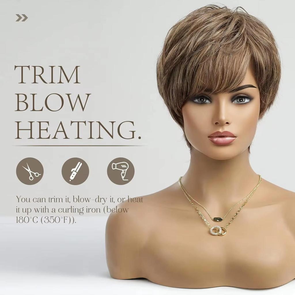 HAIRCUBE Bob Pixie Cut Light Brown Layered Remy Human Hair Wigs with Bangs Short Natural Wave Human Hair Machine Made Wigs for Women Afro