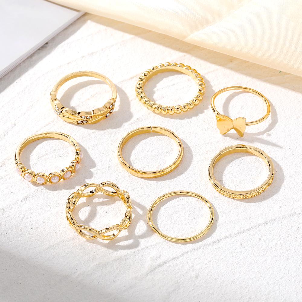 Нежное кольцо с бабочкой, жемчужное кольцо с бриллиантом, гламурное, элегантное, вечернее, роскошное, женское, в европейском стиле, комплект колец, кольцо из 8 предметов