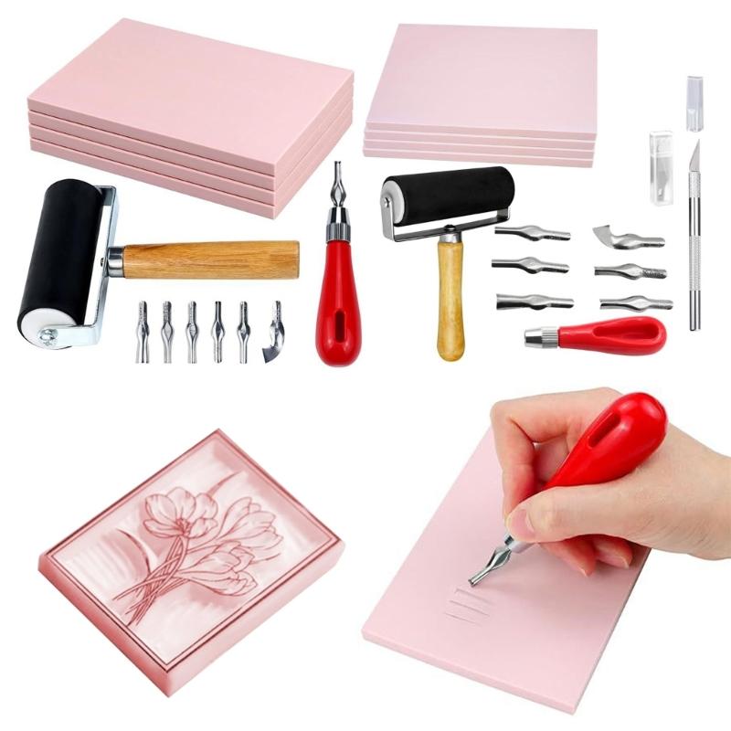 Rubber Stamp Making Kit, Block Printing Starter Tool, Linoleum Cutter with 6 Type Roller, Tracings Paper