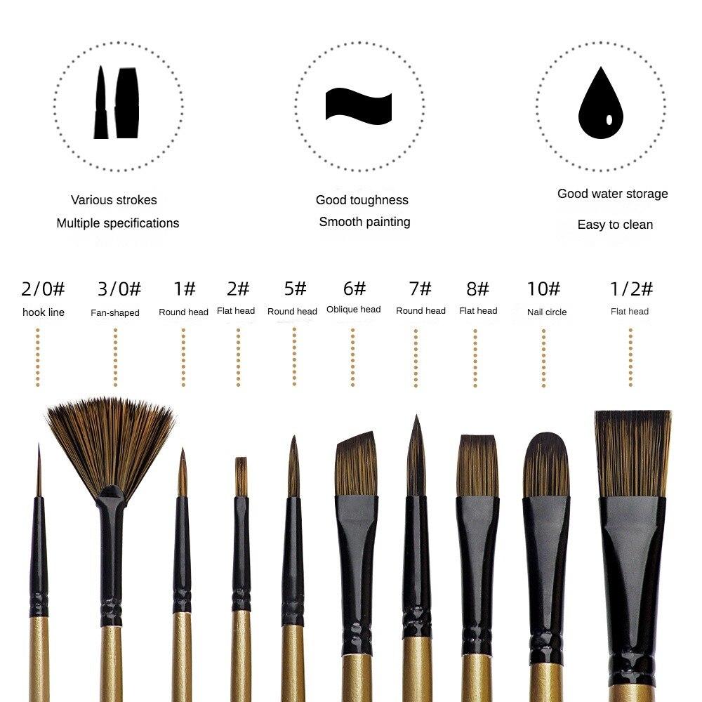 Акварельные кисти, 10 шт., многофункциональный набор, коричневая короткая деревянная нейлоновая шерсть, студенческая кисть для рисования гуашью, масляная кисть, художественный инструмент