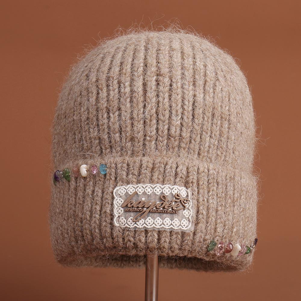 Stylish solid color simple warm colored stone embellished knitted hat outdoor travel versatile windproof casual wool hat